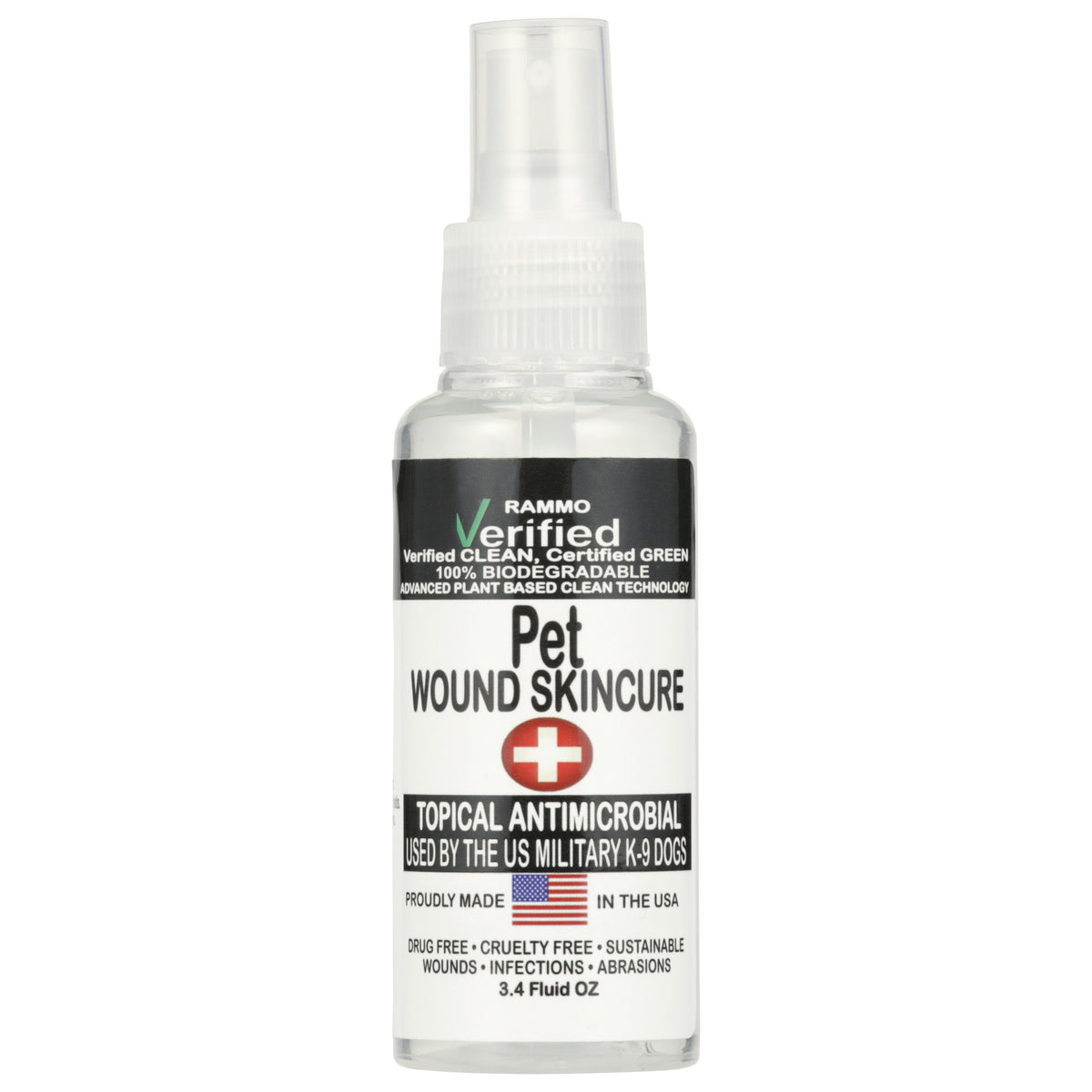 RAMMO Verified Wound and Skin Care spray, 3.4 fl oz bottle, front label