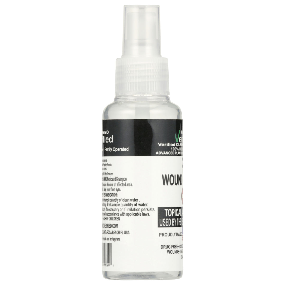 Back label of the RAMMO Wound and Skin Care spray, showing ingredients and directions