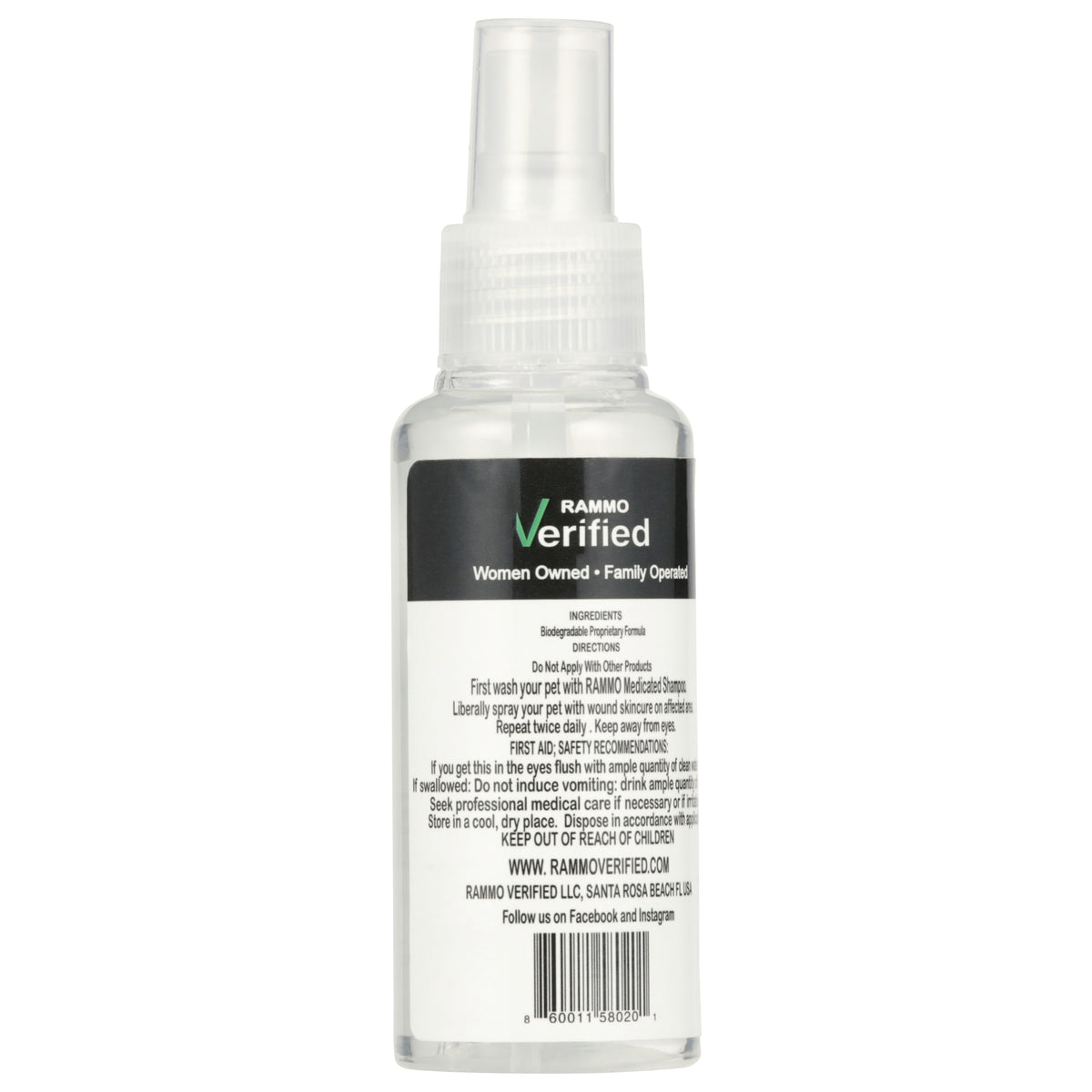 Back of the RAMMO Wound and Skin Care spray bottle, showing directions and safety information