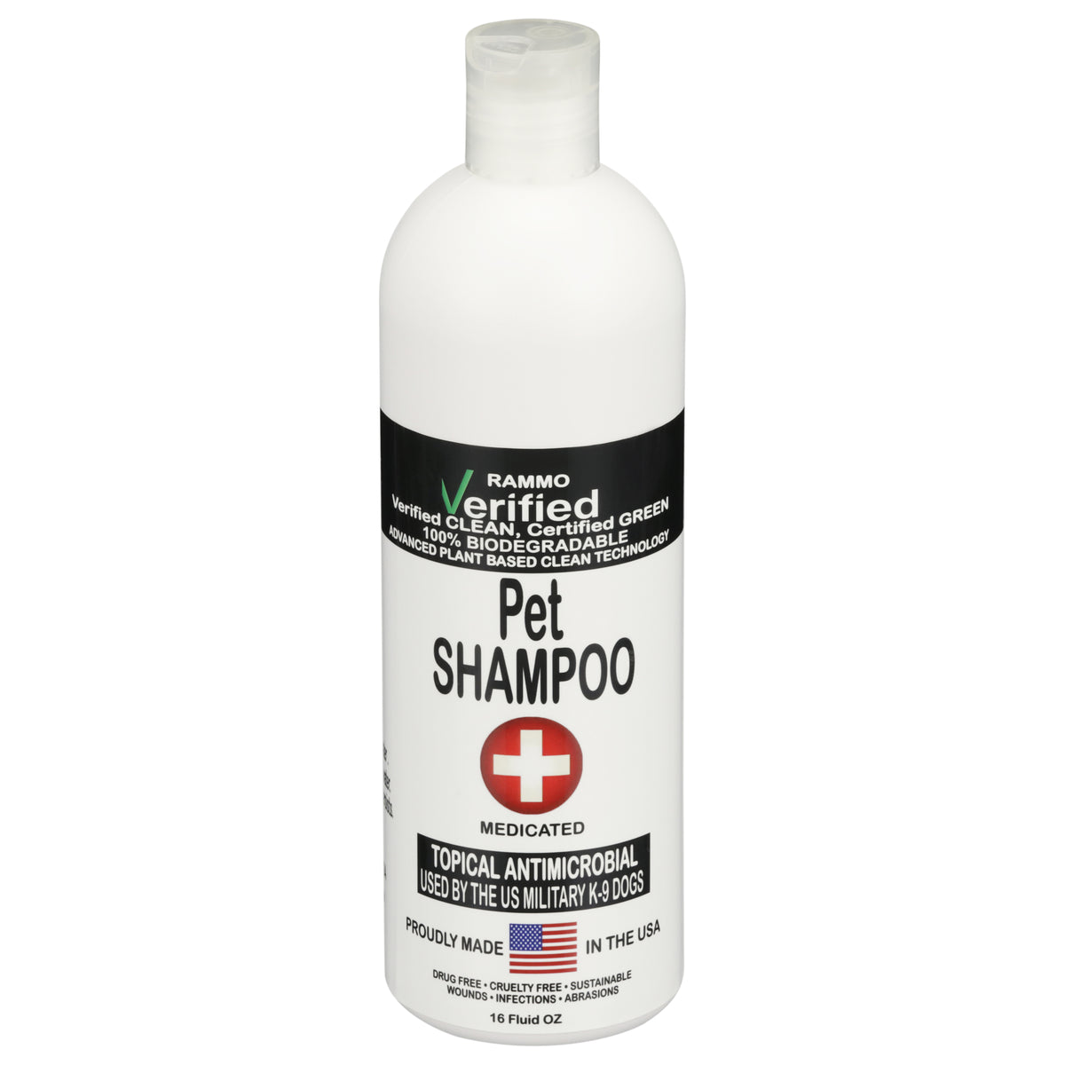 RAMMO Verified Antimicrobial Pet Shampoo, 16 fl oz bottle, front labelRAMMO Verified Antimicrobial Pet Shampoo, 16 fl oz bottle
