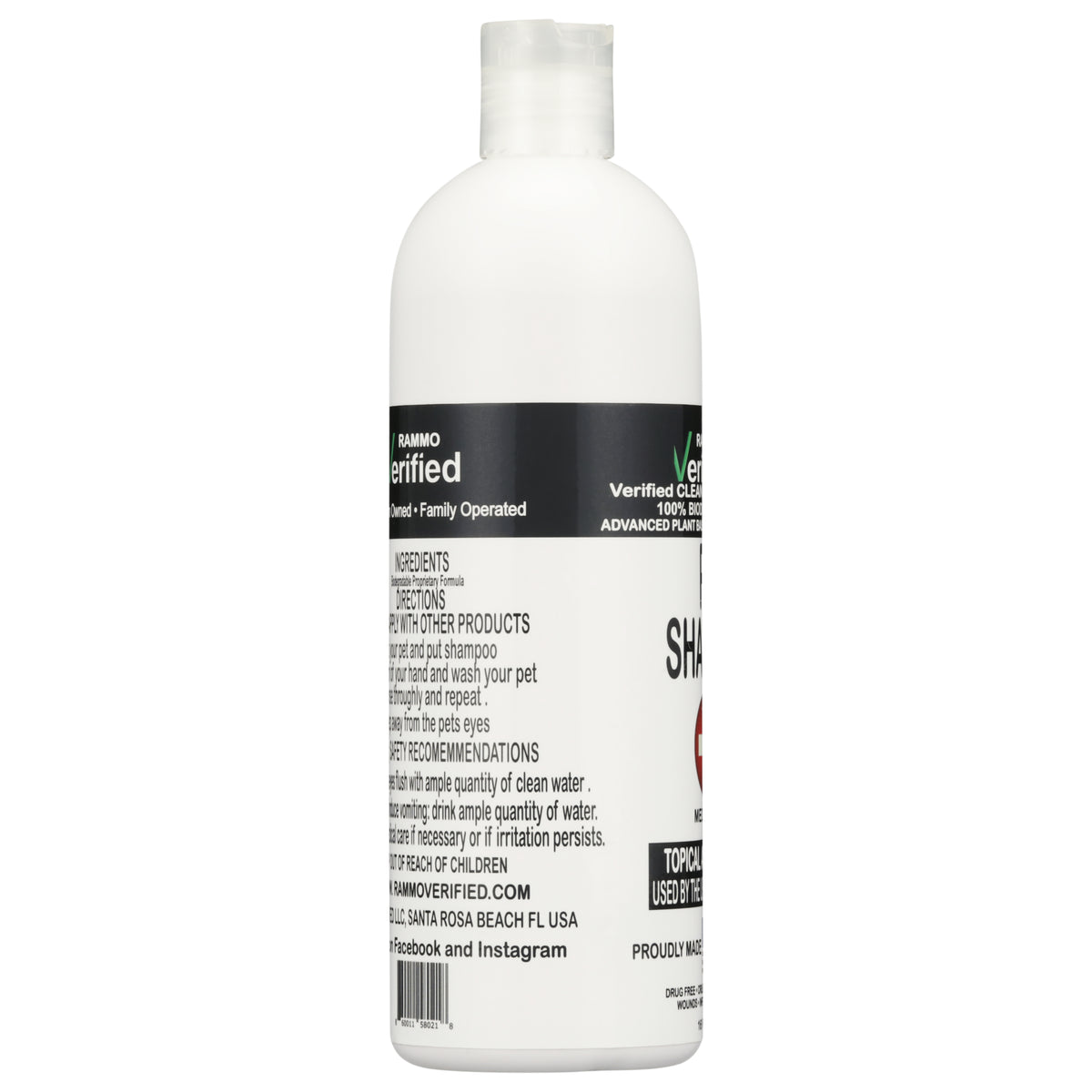 Back label of the RAMMO pet shampoo bottle, showing ingredients and directions