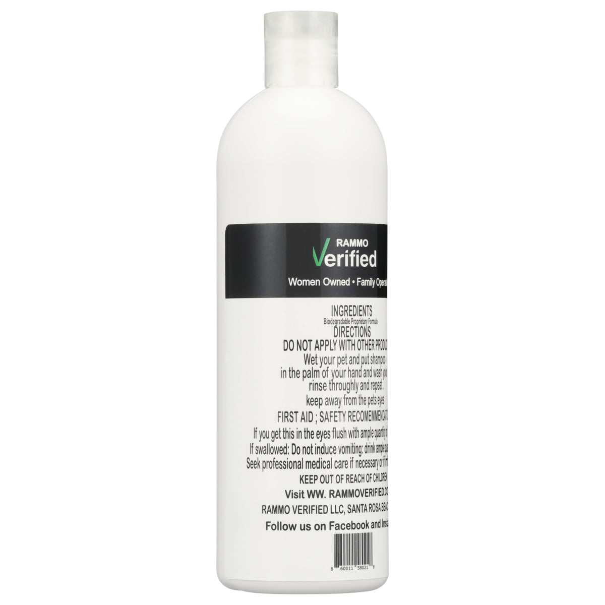 Side view of the RAMMO pet shampoo bottle, showing directions for use