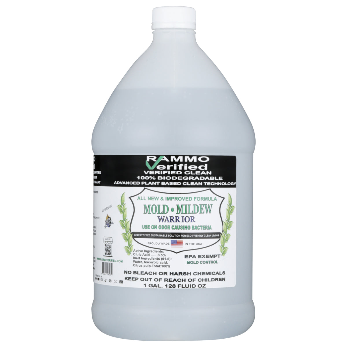 RAMMO Verified Mold and Mildew Warrior gallon jug, 128 fl oz, front label