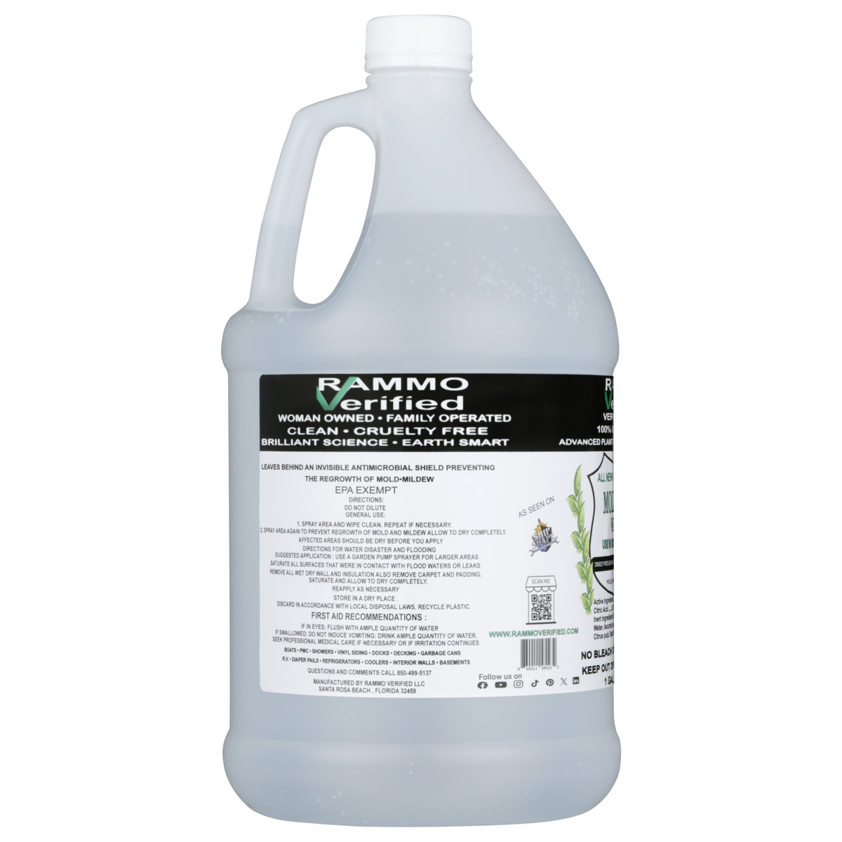 Back label of the RAMMO gallon jug, showing ingredients, directions and surfaces