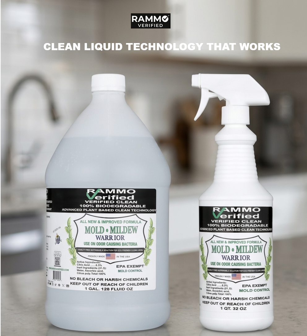 RAMMO Mold and Mildew Warrior gallon jug and quart spray bottle on a kitchen counter