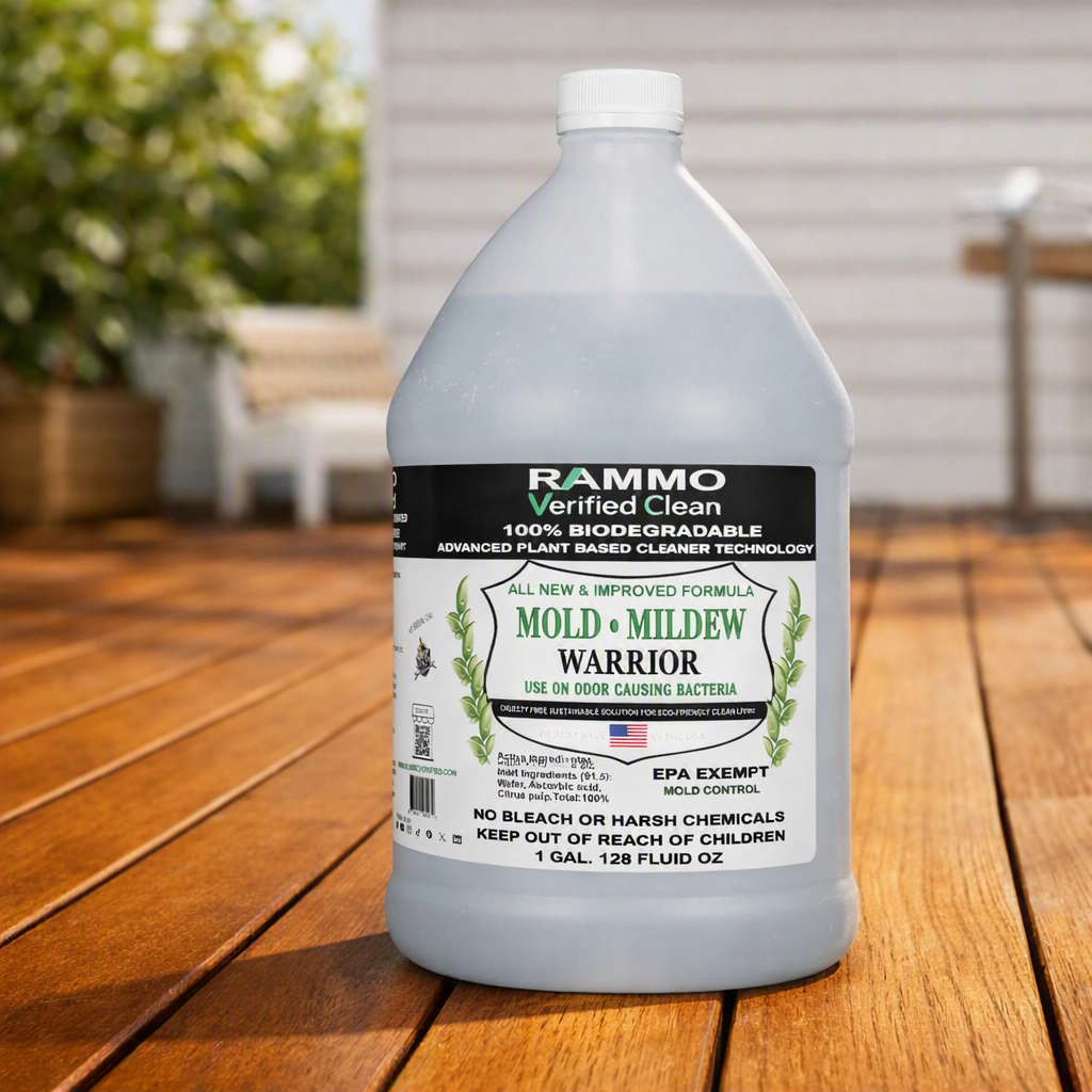 Cleaning a wooden deck with RAMMO Mold and Mildew Warrior