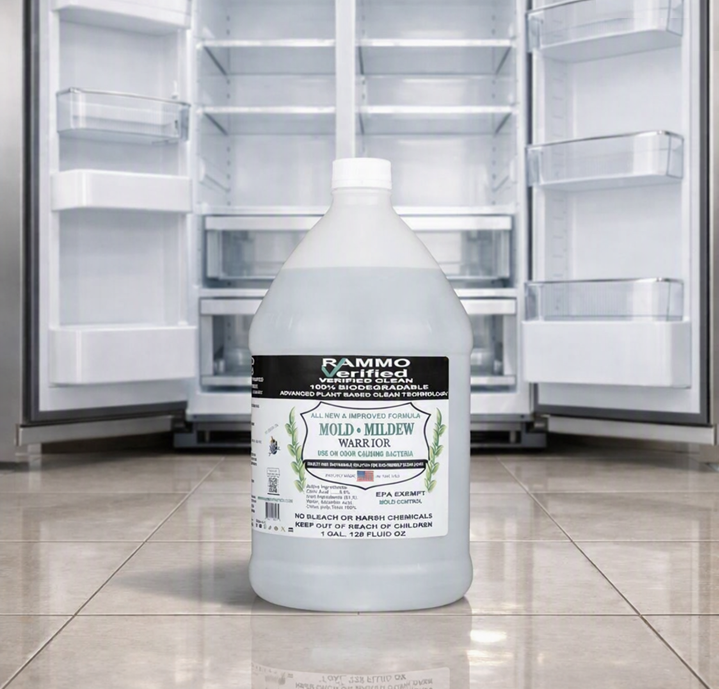Cleaning the inside of a refrigerator with RAMMO Mold and Mildew Warrior