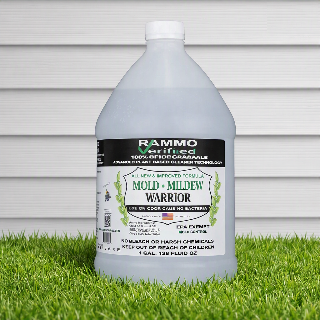Spraying RAMMO Mold and Mildew Warrior onto mildew-stained vinyl siding