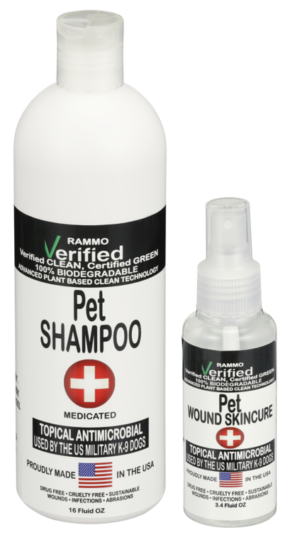 RAMMO Pet Care Bundle: the 16 oz pet shampoo and the 3.4 oz skin care spray