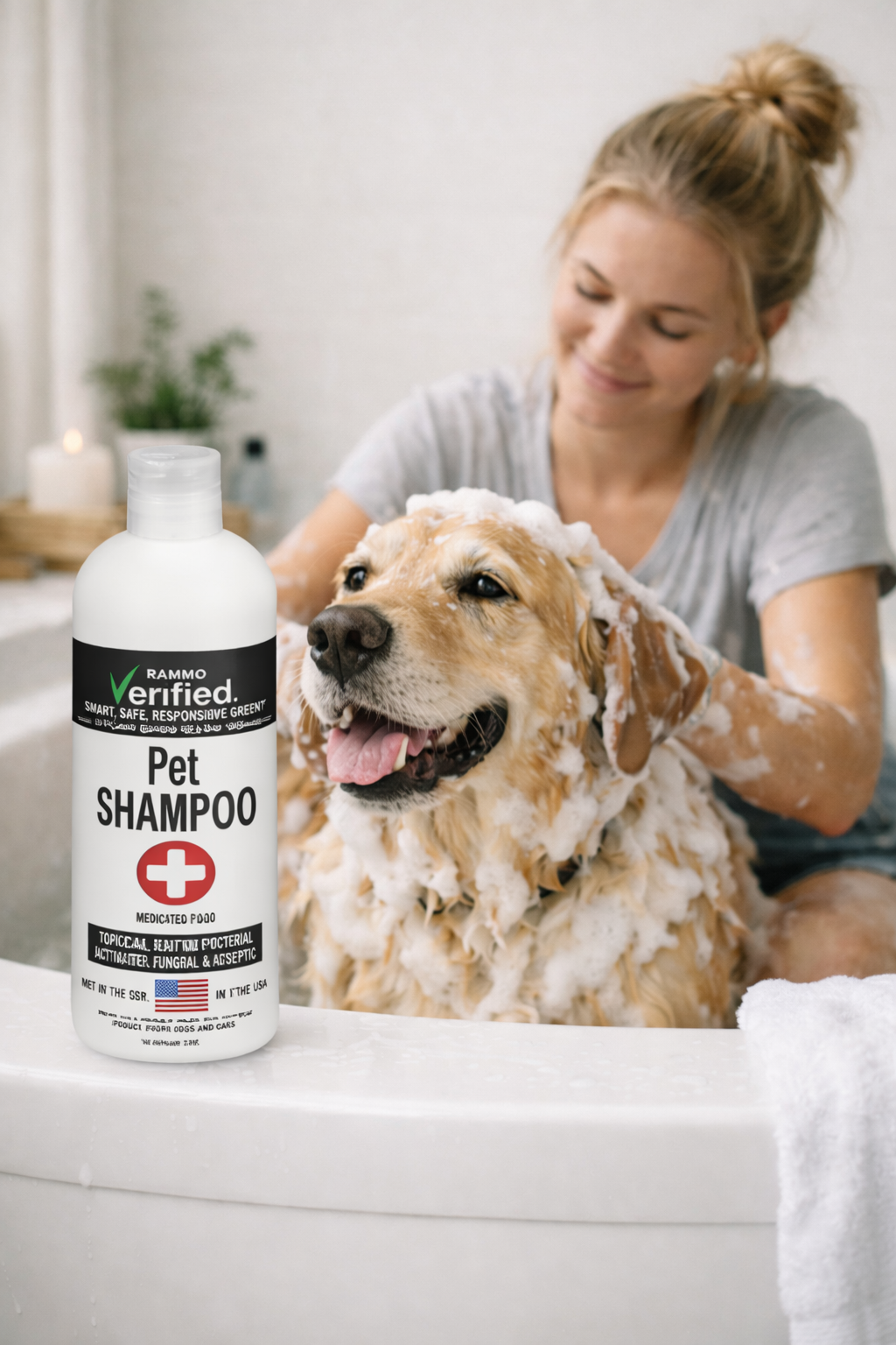 A dog being bathed in a tub, with the RAMMO pet shampoo bottle in the foregroundA dog being bathed in a tub, with the RAMMO pet shampoo bottle in the foreground