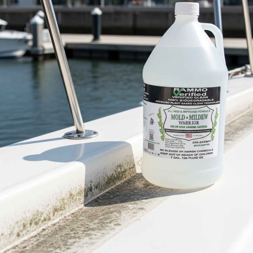 RAMMO Mold and Mildew Warrior gallon jug on a boat deck at a marina