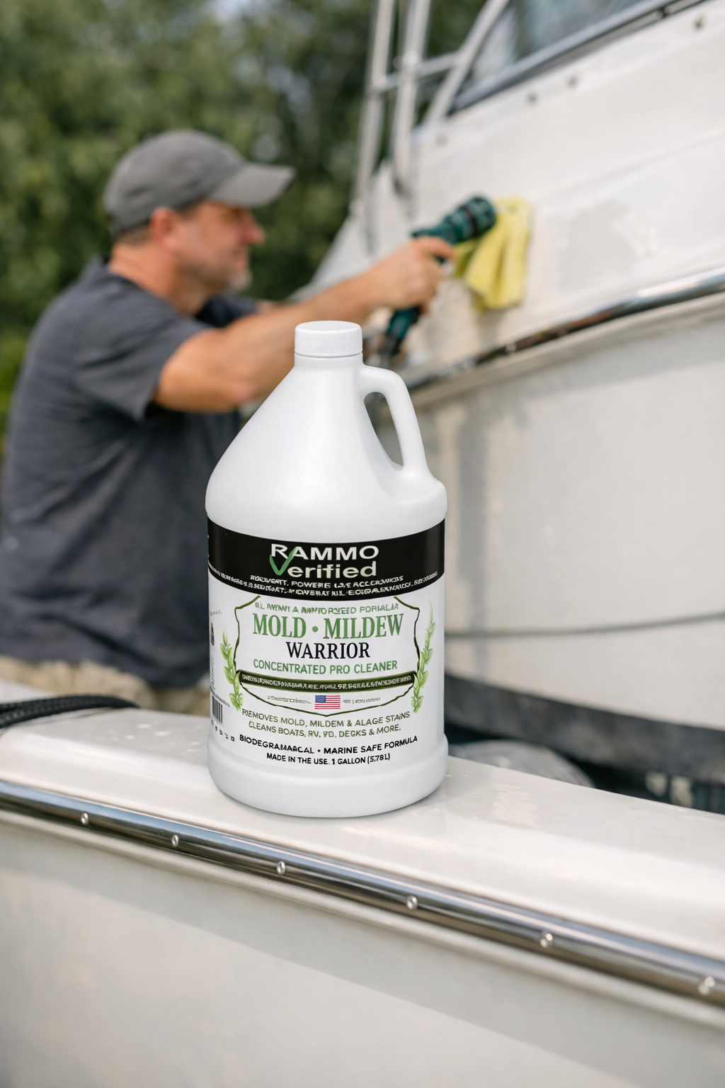 RAMMO Mold and Mildew Warrior gallon jug in use