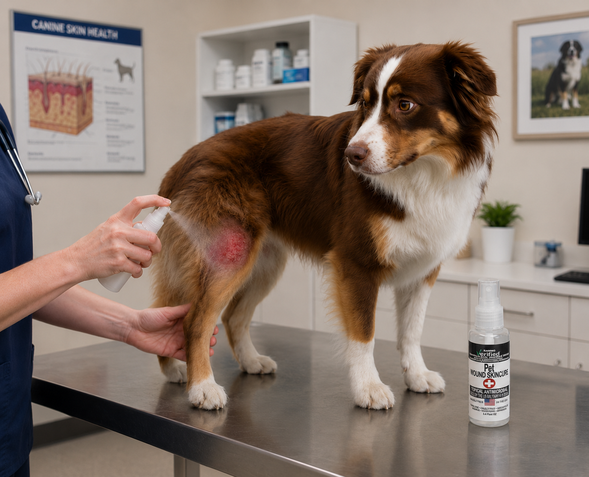 RAMMO Wound and Skin Care spray being applied to a dog's legRAMMO Wound and Skin Care spray being applied to a dog's leg