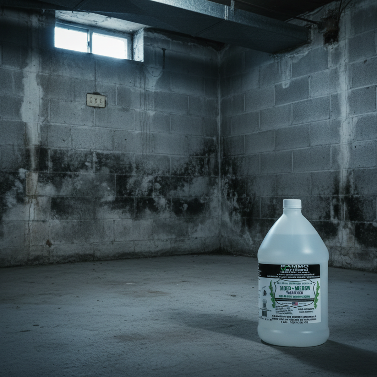 RAMMO Mold and Mildew Warrior gallon jug in a basement