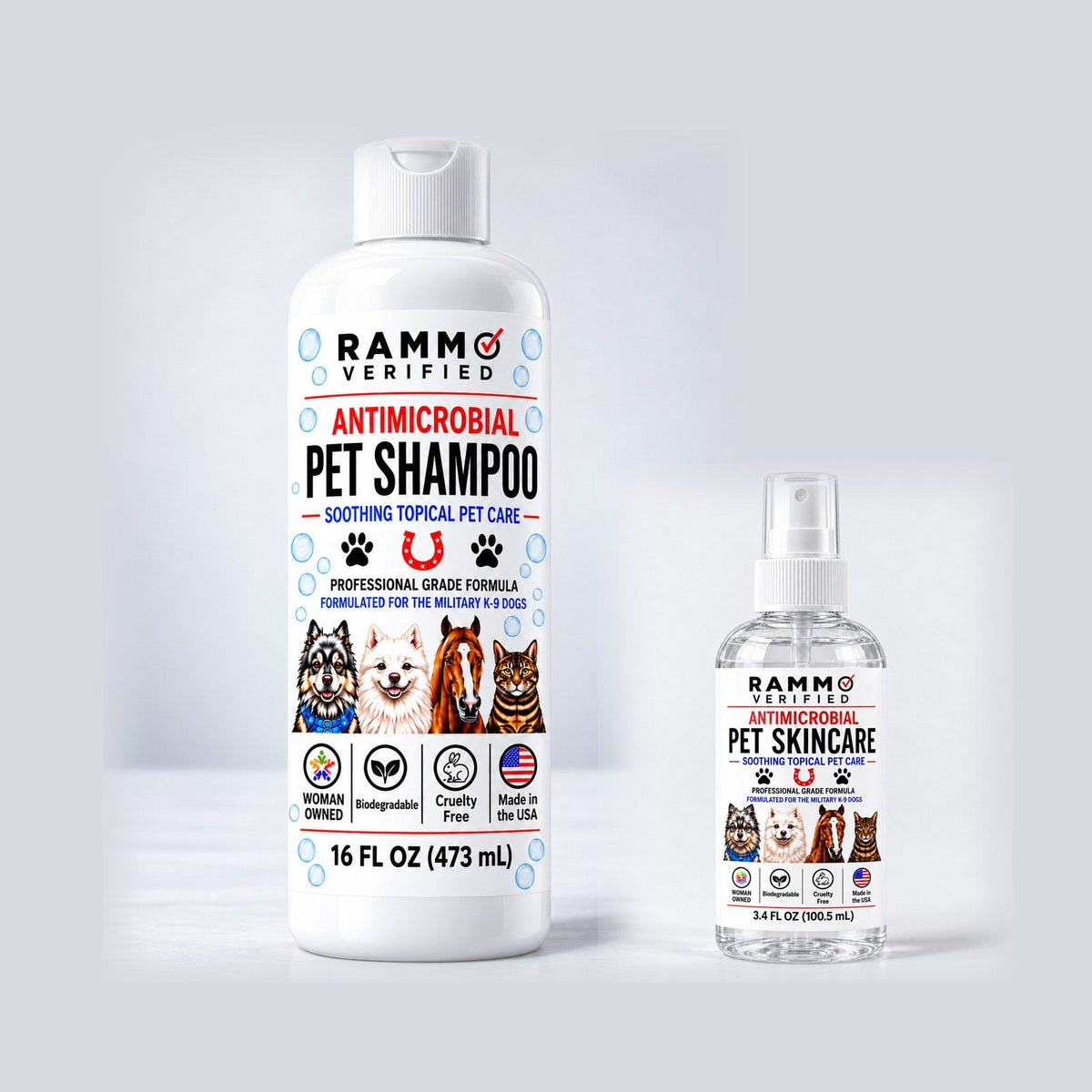 RAMMO Pet Care Bundle — Antimicrobial Pet Shampoo and Wound & Skin Care Spray in the new label packaging