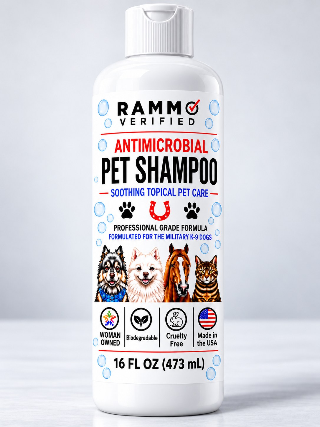 RAMMO Antimicrobial Pet Shampoo in the new blue-bubble label packaging