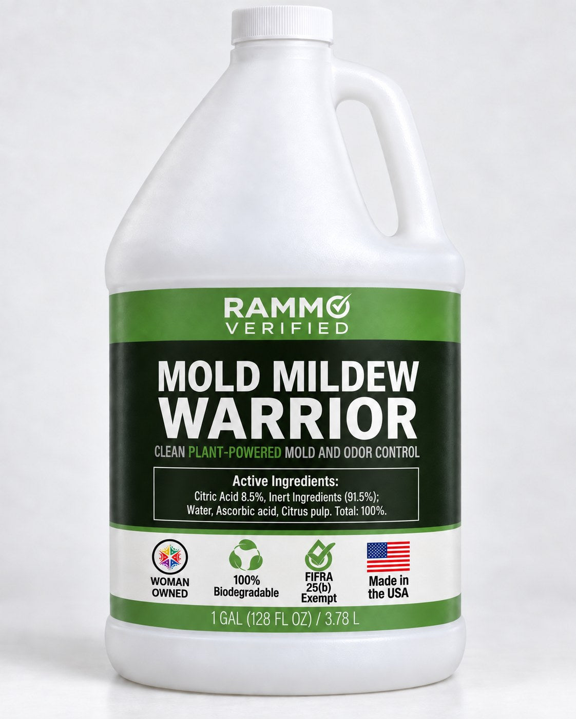 RAMMO Mold Mildew Warrior gallon jug in the new green label packaging