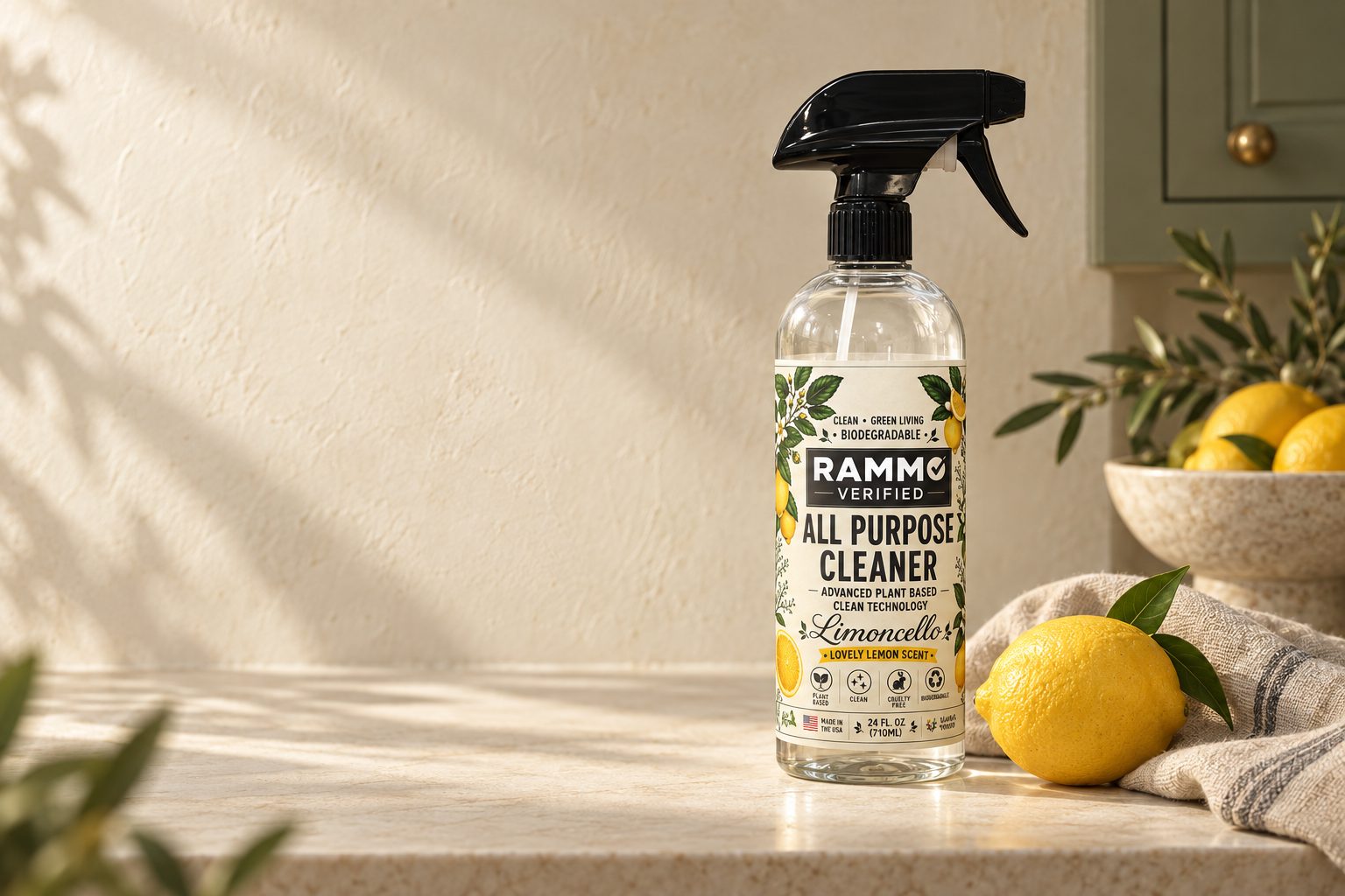 RAMMO Limoncello all-purpose cleaner on a softly lit kitchen counter