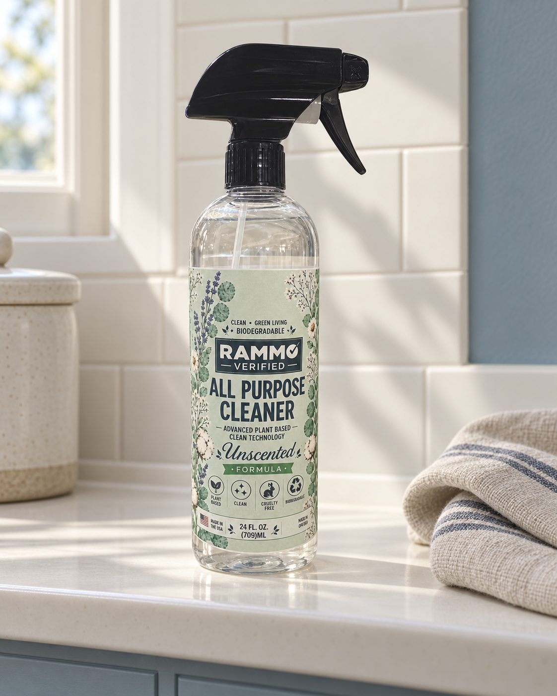 RAMMO Unscented all-purpose cleaner on an ivory tiled ledge